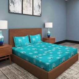 Klotthe Blue 300 TC Polycotton Double Elastic Book Fold Bedsheet with 2 Pillow Covers-picture-26