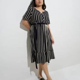 Gia by Westside Black Stripe Printed A-Line Dress-image-60