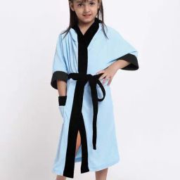 Creeva Melodious Sky Blue & Black Micro Terry 225 GSM Kids Hooded Bathrobe 8-9 Years With Pocket-19