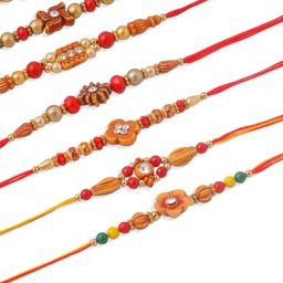 NVR Red Floral Design Artificial Stones & Beads Thread Rakhi - Set of 10 image 4