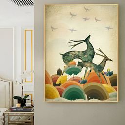Myntra Elegant Homes Gold-Toned & Green Two Dancing Deer In The Forest Canvas Wall Art-image-16