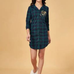 Dreamz by Pantaloons Teal Blue & Green Cotton Chequered Night Shirt-image-2