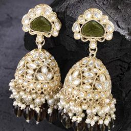 Karatcart Gold-Plated Olive Green Stone Studded Kundan Jhumki Earrings for Women-24