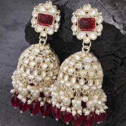 Karatcart Gold-Plated Red Stone Studded Kundan Jhumki Earrings for Women-20