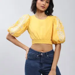 Label Ritu Kumar Yellow Embroidered Crop Top-image-75