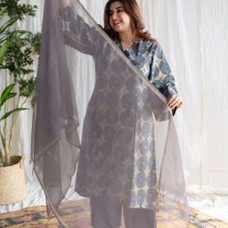 The Indian Ethnic Co Grey Kota Doria Cotton Dupatta with Gold Zari Border-33