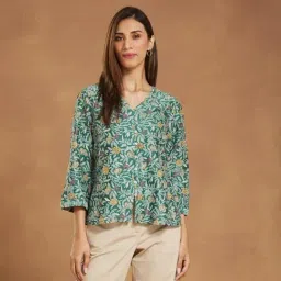 Fabindia Green Cotton Silk Printed Slim Fit Top-picture-10