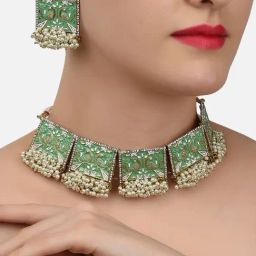 Zaveri Pearls Green Peacock Inspired Cluster Pearls Choker Necklace & Earring Set-ZPFK11424-image-84