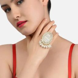 Zaveri Pearls Gold Tone Multi Pearl Strands Ethnic Kundan Adjustable Finger Ring-ZPFK11422-44