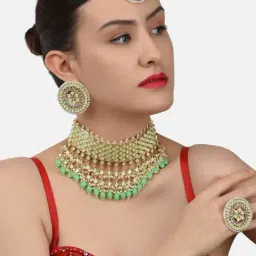 Zaveri Pearls Green Bridal Kundan Choker Necklace Earring Maangtikka & Ring Set-ZPFK11420-image-57
