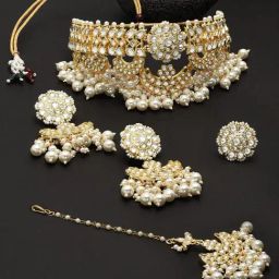 Zaveri Pearls Gold Tone Bridal Kundan Choker Necklace Earring Maangtikka & Ring Set-ZPFK11419-12
