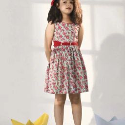 VASTRAMAY Girls Aqua & Red Cotton Floral Dresses-39