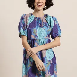 HERE&NOW Tropical Printed Puff Sleeves Tie-Ups Smocked A-Line Mini Dress-image-25