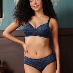 Clovia Navy Regular Fit Printed Bra & Panty Set-image-58