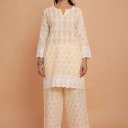 House of Kari Yellow Saba Chikankari Kurta Set in Cotton With Pants-image-38