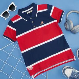 Pantaloons Junior True Red & Navy Cotton Striped Polo T-Shirt-picture-23