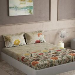 DDecor Floral Brown 145 TC Cotton King Bedsheet with 2 Pillow Covers-25
