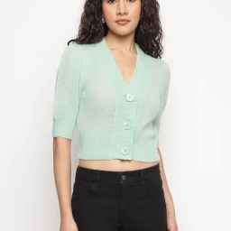 Guess Green Solid V-Neck Mathilde Alpaca Cardigans-picture-19