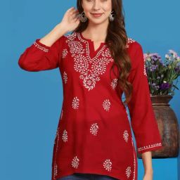 PARAMOUNT CHIKAN Red Cotton Hand Embroidered Chikankari Straight Kurti-picture-25