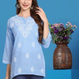 PARAMOUNT CHIKAN Sky Blue Cotton Hand Embroidered Chikankari Straight Kurti-picture-44