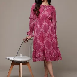 aarke Ritu Kumar Print Tie-Up Neck Puff Sleeves Chiffon Fit & Flare Dress-picture-39