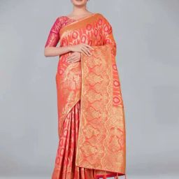 Monjolika Fashion Banarasi Silk Peach Color Zari Woven Saree With Embellished Unsttiched Blouse-picture-15