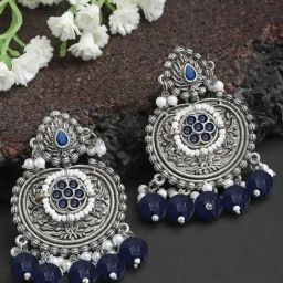Karatcart Oxidised Silver Blue Beads Floral Drop Earrings for Women-20