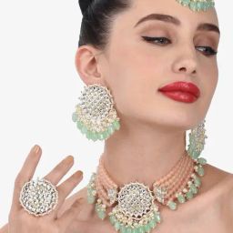 Zaveri Pearls Green Peach Multistrand Kundan Choker Necklace Earring Maangtikka & Ring Set-ZPFK13052-4
