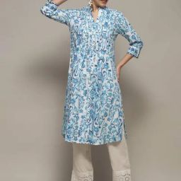 Biba Blue Cotton Printed A Line Kurta-image-63