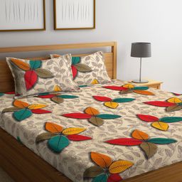 Home Sizzler Beige & Red Floral 144 TC Polyester 1 Queen Bedsheet with 2 Pillow Covers-image-81