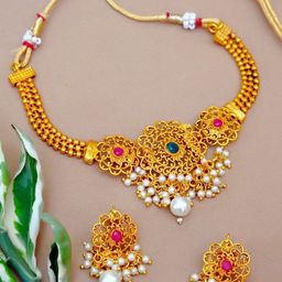 Crunchy Fashion Gold-Plated White Stone & Pearl-Studded Floral Jewellery Set-3