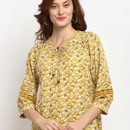 Gipsy Yellow & White Ditsy Floral Printed Tie-Up Neck Regular Top-4