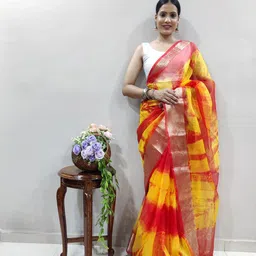 KALINI Tie and Dye Zari Organza Leheriya Saree-image-92