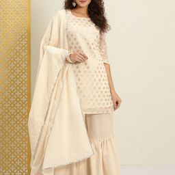House of Pataudi Women Off White Dua Woven Design Zari Kurta with Sharara & Dupatta-24