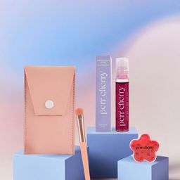PERR CHERRY Set Of 4 Cotton Candy Lip Oil- Highlighter- Peery Cherry Brush & Makeup Pouch-55