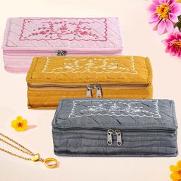 Kuber Industries Grey & Yellow 3 Pieces Floral Embroidered Jewellery Organisers-12