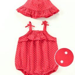 Babyhug Singlet Sleeves 100% Cotton Onesie with Dot Print and Cap - Red-image-79