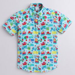Polka Tots Half Sleeve All Over Vehicles Printed Shirt - Blue-image-94