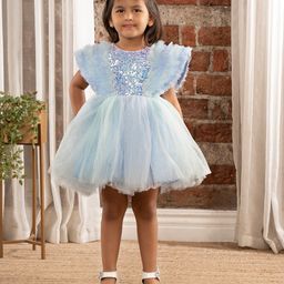 Ministitch Half Sleeves Ruffle Detailed & Sequin Embellished Fit & Flare Dress - Sky Blue-image-9