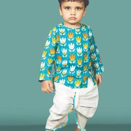 Polka TotsFull Sleeves Lotus Motif Printed Kurta With Coordinating DhotiSet - Blue-image-61