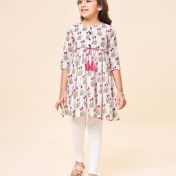 Babyhug Cotton Woven Three Fourth Sleeves Floral Printed Printed Kurti and Salwar Set- White-image-33