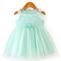 Babyhug Sleeveless Frock With Floral Applique - Green-image-63