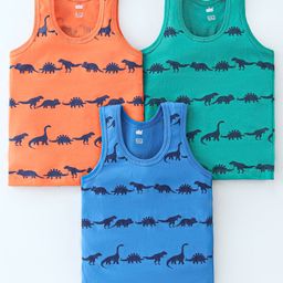 Simply Cotton Interlock Knit Sleeveless Vest Dino Print Pack Of 3 - Orange Green & Blue-image-14
