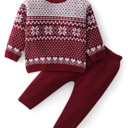 Babyhug Knitted Full Sleeves Sweater Set with Floral Design - Maroon-image-94