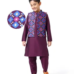 EARTHY TOUCH Woven Full Sleeves Kurta Pyjama Set with Brocade Nehru Jacket - Plum-picture-19