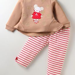 ToffyHouse Fleece Full Sleeves Winter Wear Top & Leggings Set with Animal Patch & Stripes - Red Tan-image-72