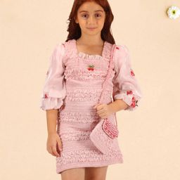 Cutecumber Three Fourth Sleeves Smocked & Floral Embroidered Dress With Bag - Pink-image-80