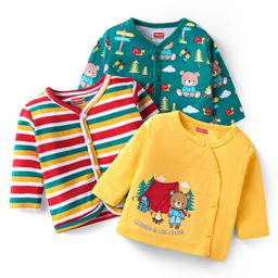 Babyhug 100% Cotton Knit Full Sleeves Front Open Anti Bacterial Vests with Stripes & Teddy Bear Print Pack of 3 - Yellow & Green-picture-24