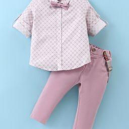ToffyHouse Poplin Woven Full Sleeves Floral Printed Shirt & Trouser Set With Suspender & Bow - Rose Gold-image-5