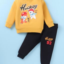 Bodycare Fleece Knit Full Sleeves Winter Wear Suit With Animals Print - Mustard & Black-image-18